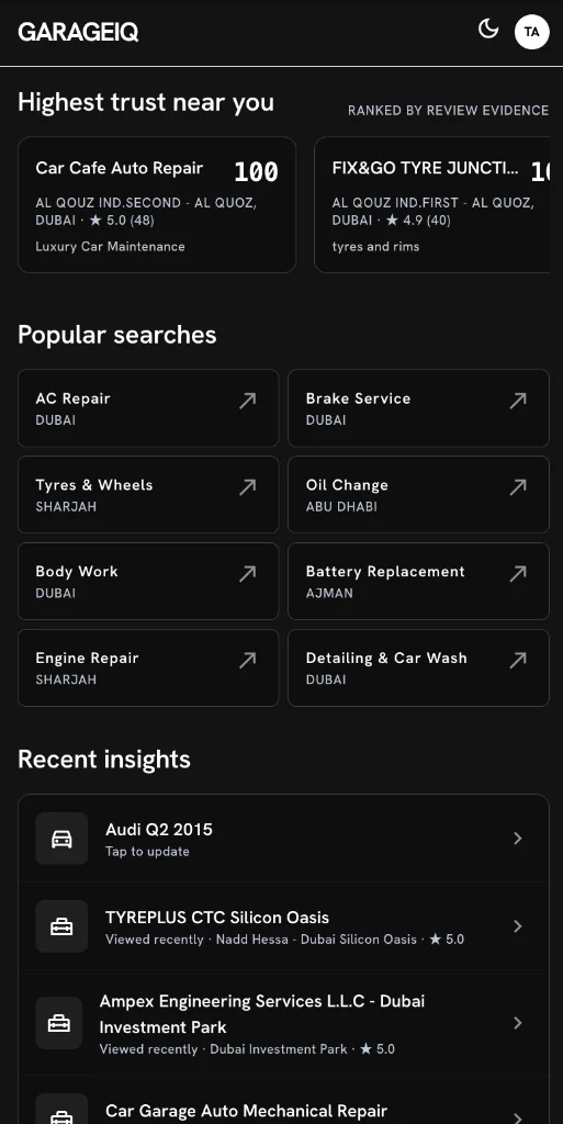 GarageIQ search screen